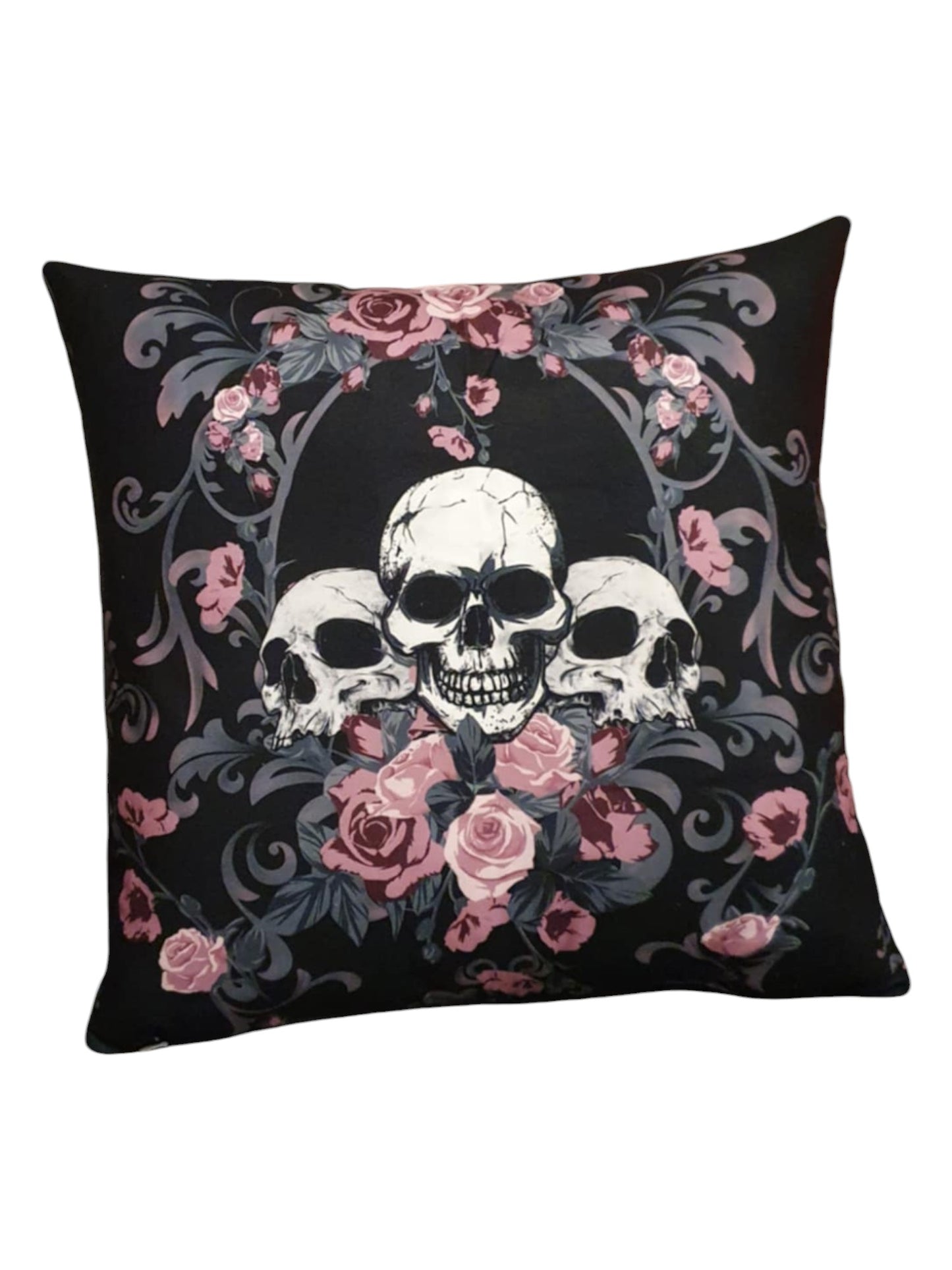 Skull with Pink Flowers Throw Cushion