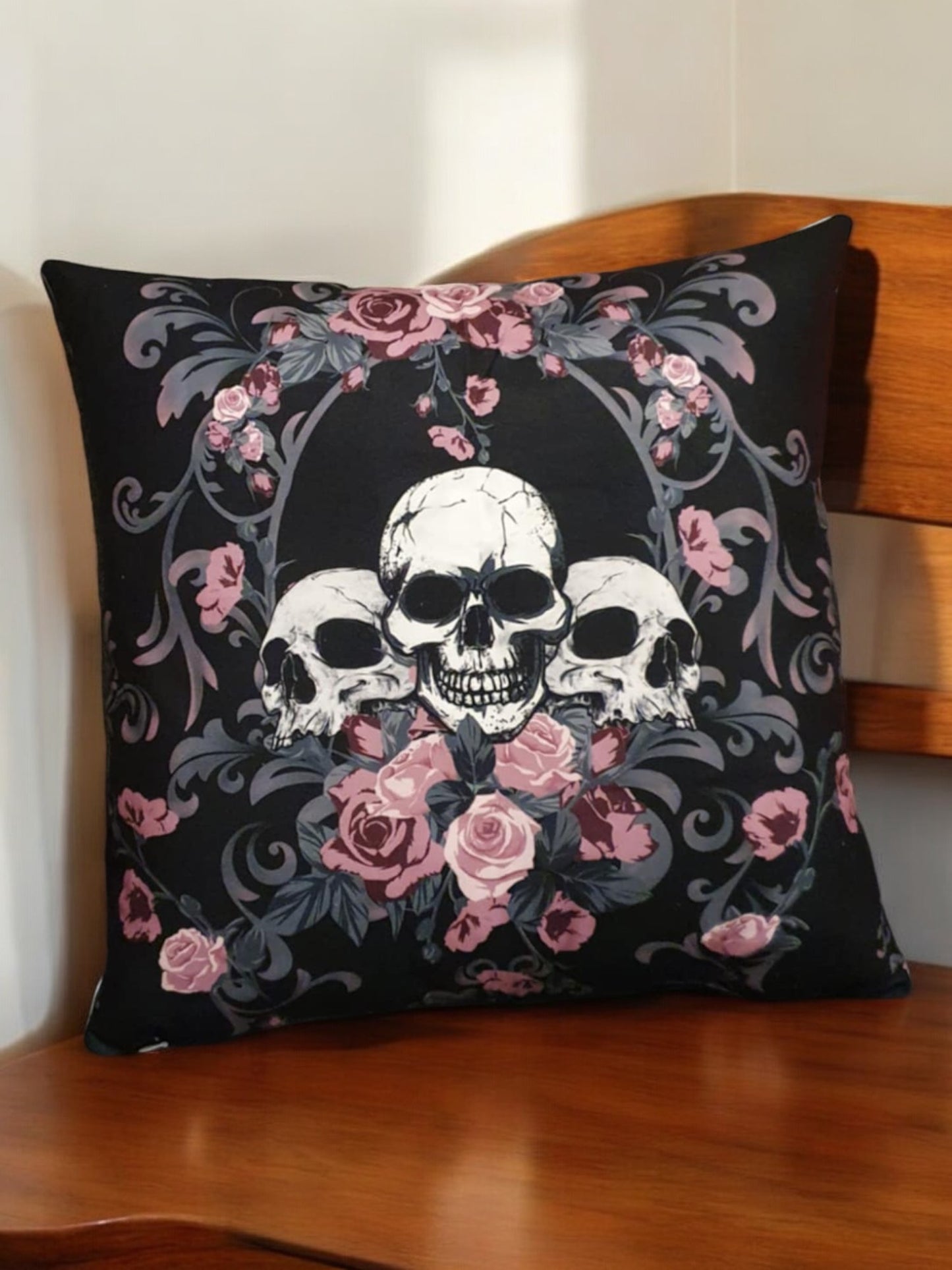 Skull with Pink Flowers Throw Cushion