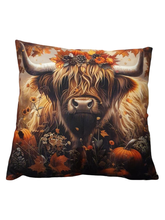 Highland Cow with Pumpkins Throw Cushion