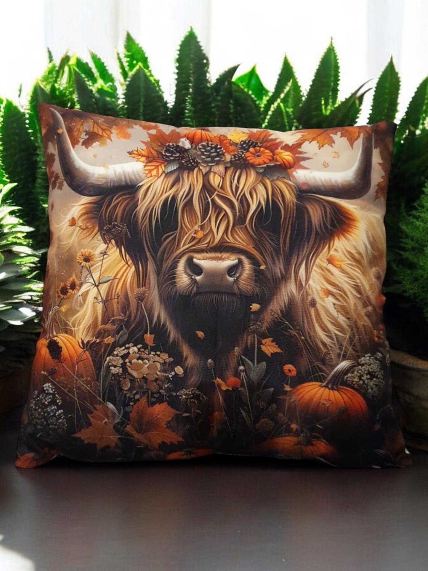 Highland Cow with Pumpkins Throw Cushion