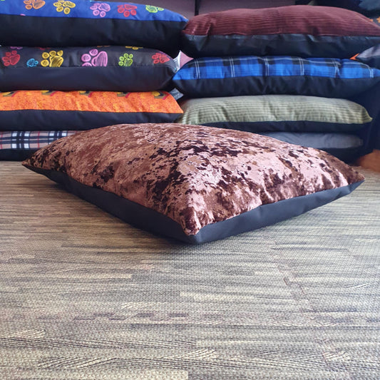 Brown Crushed Velvet Pet Cushion With Zip Off Washable Cover